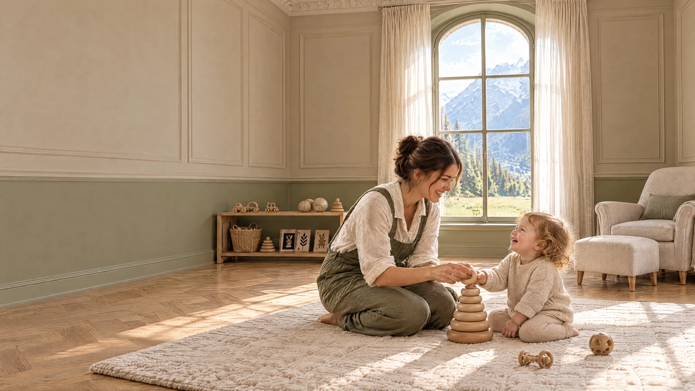 Agenouillée sur le tapis, l'éducatrice empile avec une petite fille le dernier anneau d'une pyramide en bois, dans un salon lumineux de la crèche