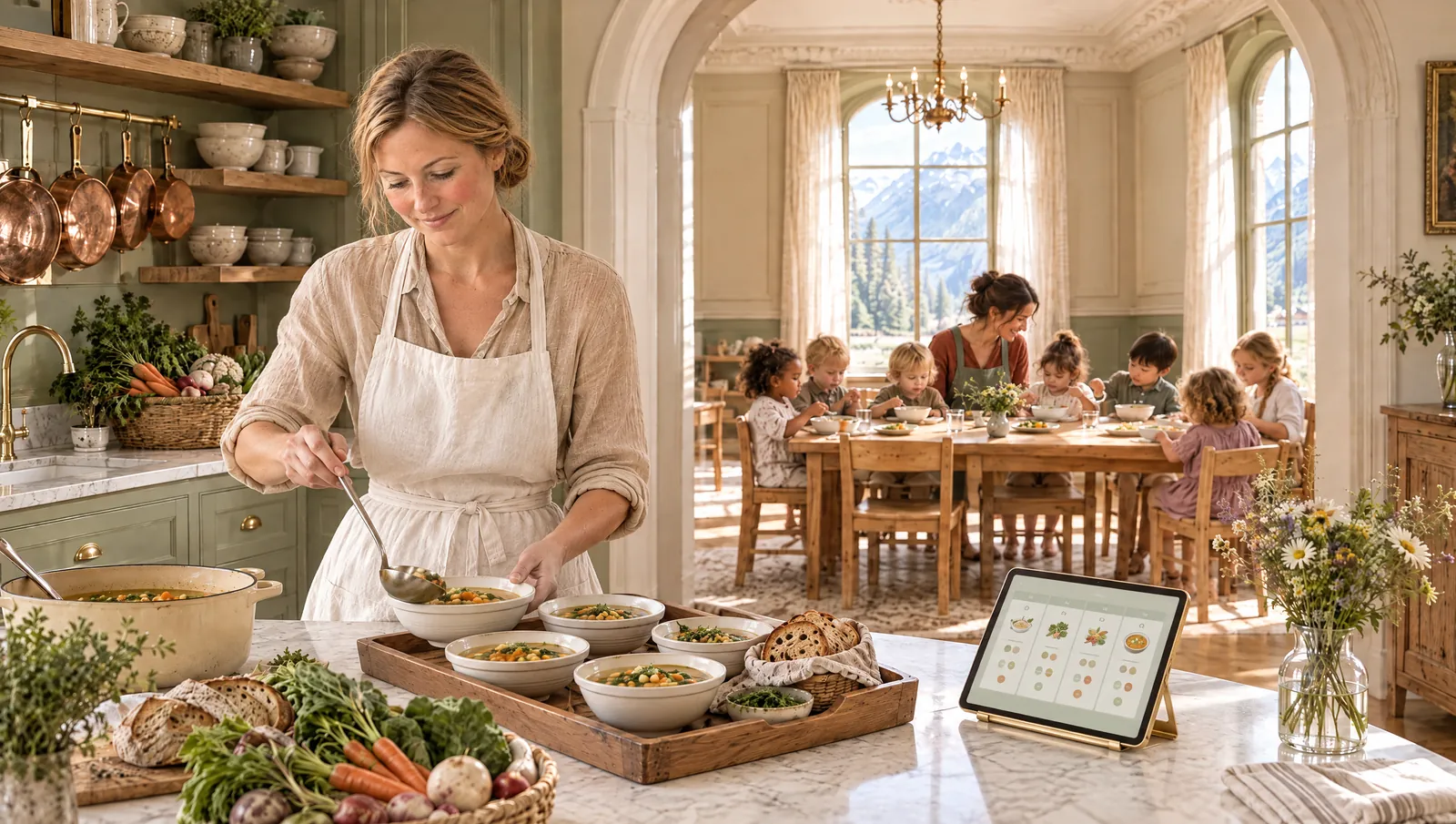 Dans la cuisine, la cuisinière sert une soupe de légumes maison, le menu de la semaine affiché sur une tablette ; derrière l'arche, les enfants mangent à table avec l'éducatrice